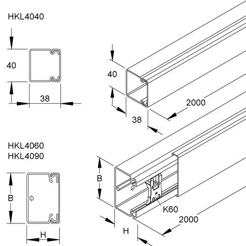 HKL-Elektroinstallationskanal 40x62x2000 mm mit Bodenlochung