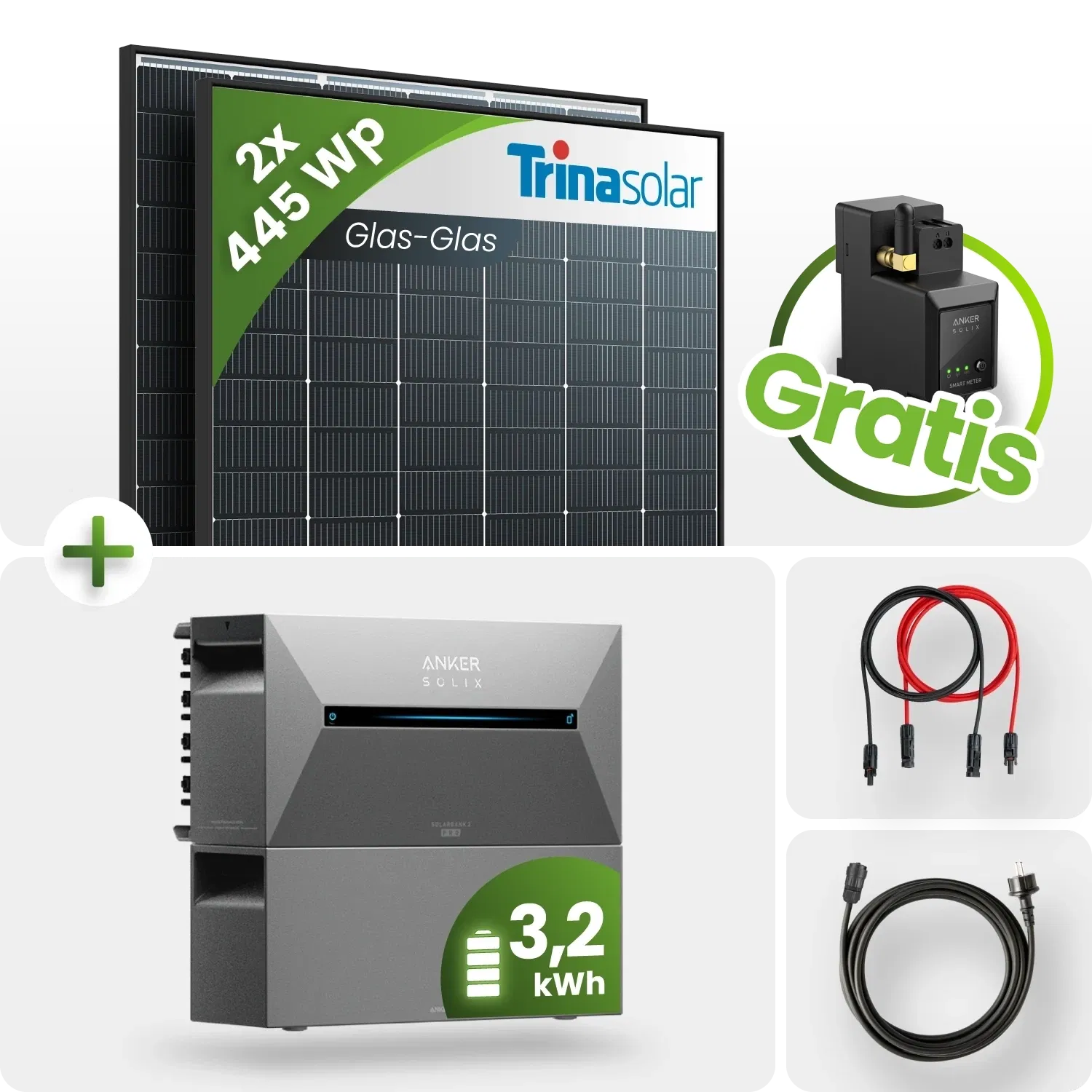 890Wp Balkonkraftwerk 3,2kWh Speicher Anker Solarbank 2 – 2x445Wp Trina Black Frame Monofazial