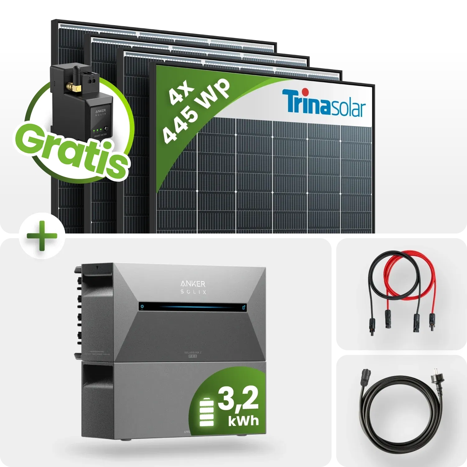 1780Wp Balkonkraftwerk 3,2kWh Speicher Anker Solarbank 2 –4x445Wp Trina Black Frame Monofazial