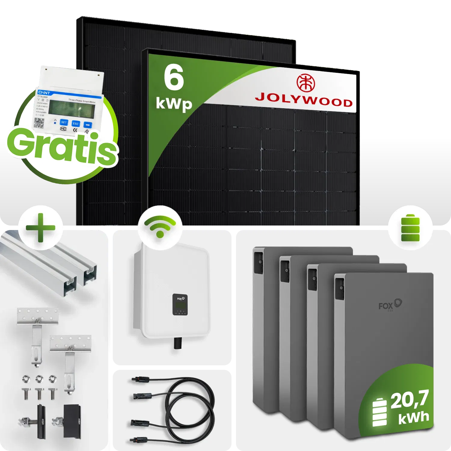 6kWh FoxEss PV-Anlage 13x Jolywood 445Wp TOPCon Bifazial Fullblack Schrägdachmontage inkl. Smart Meter 6kWh FoxEss PV-Anlage 13x Jolywood 445Wp TOPCon Bifazial Fullblack Schrägdachmontage inkl. Smart Meter