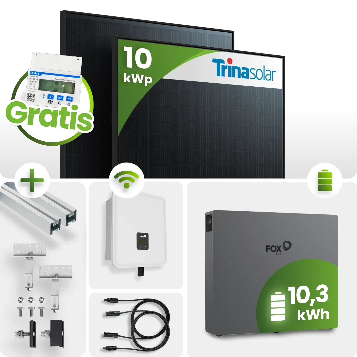 10 kWp FoxEss PV-Anlage 22x Trina 445Wp Bifazial Fullblack 10kWh Speicher inkl. Smart Meter Schrägdachmontage 10 kWp FoxEss PV-Anlage 22x Trina 445Wp Bifazial Fullblack 10kWh Speicher inkl. Smart Meter Schrägdachmontage