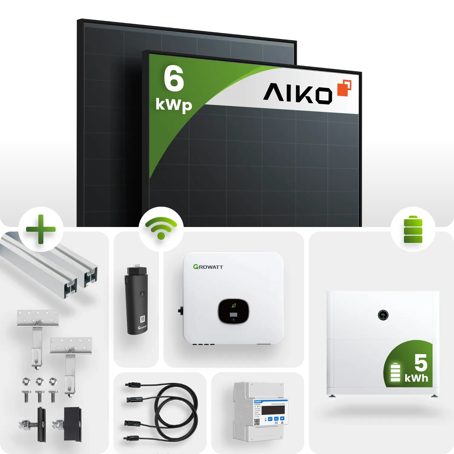 PV Komplettpaket Growatt 6KW Schrägdachmontage Aiko 445 Fullblack Module 5kW Speicher