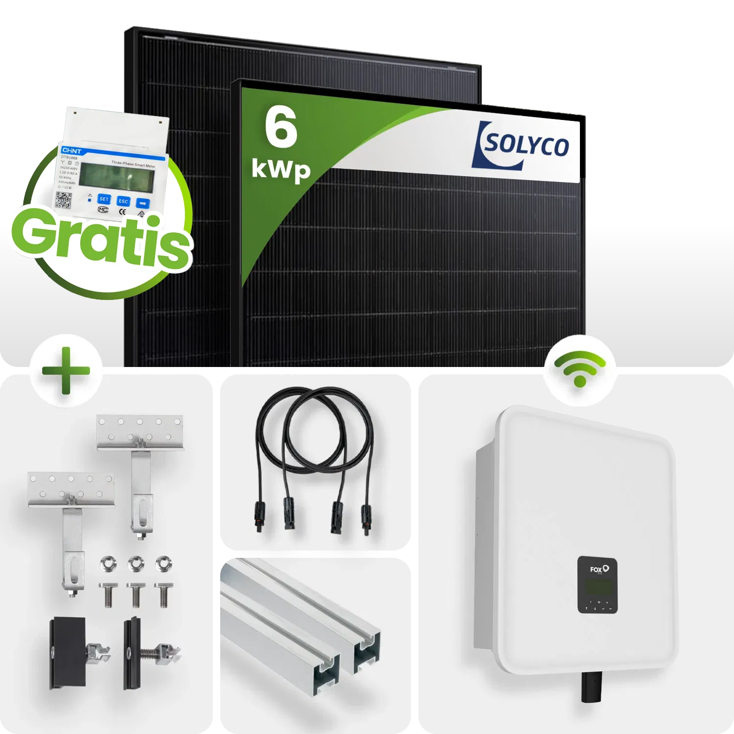8 kWp FoxEss PV-Anlage 18x Solyco 445Wp HJT Bifazial Fullblack Schrägdach inkl. DTSU &  Dongle