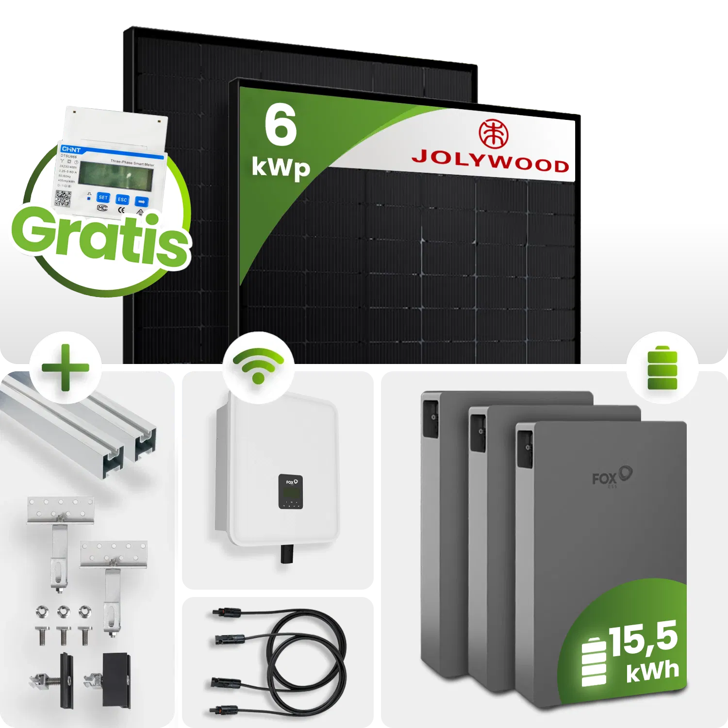 6kWh FoxEss PV-Anlage 13x Jolywood 445Wp TOPCon Bifazial Fullblack Schrägdachmontage inkl. Smart Meter 6kWh FoxEss PV-Anlage 13x Jolywood 445Wp TOPCon Bifazial Fullblack Schrägdachmontage inkl. Smart Meter