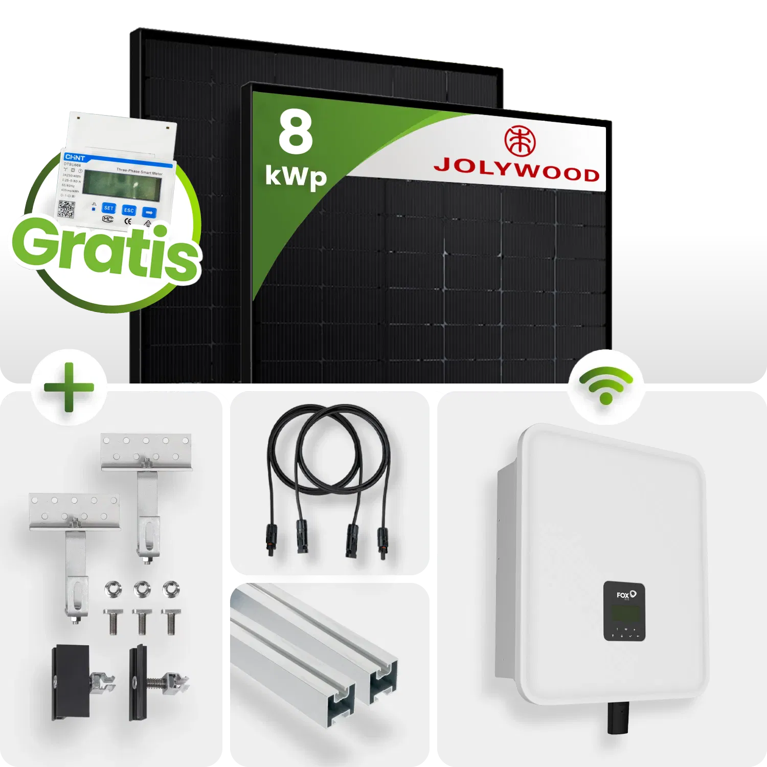 8 kWp FoxEss PV-Anlage 18x Jolywood 445Wp TOPcon Bifazial Fullblack Schrägdach inkl. Smart Meter