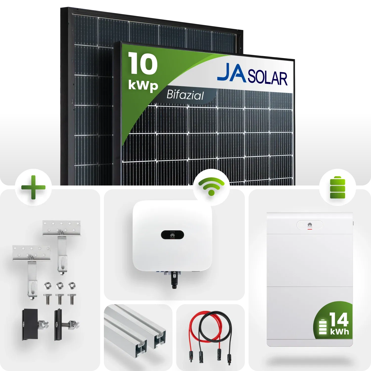 10 kWp Huawei PV-Anlage 22x JA Solar 445Wp Bifazial Glas-Glas 14kW Speicher