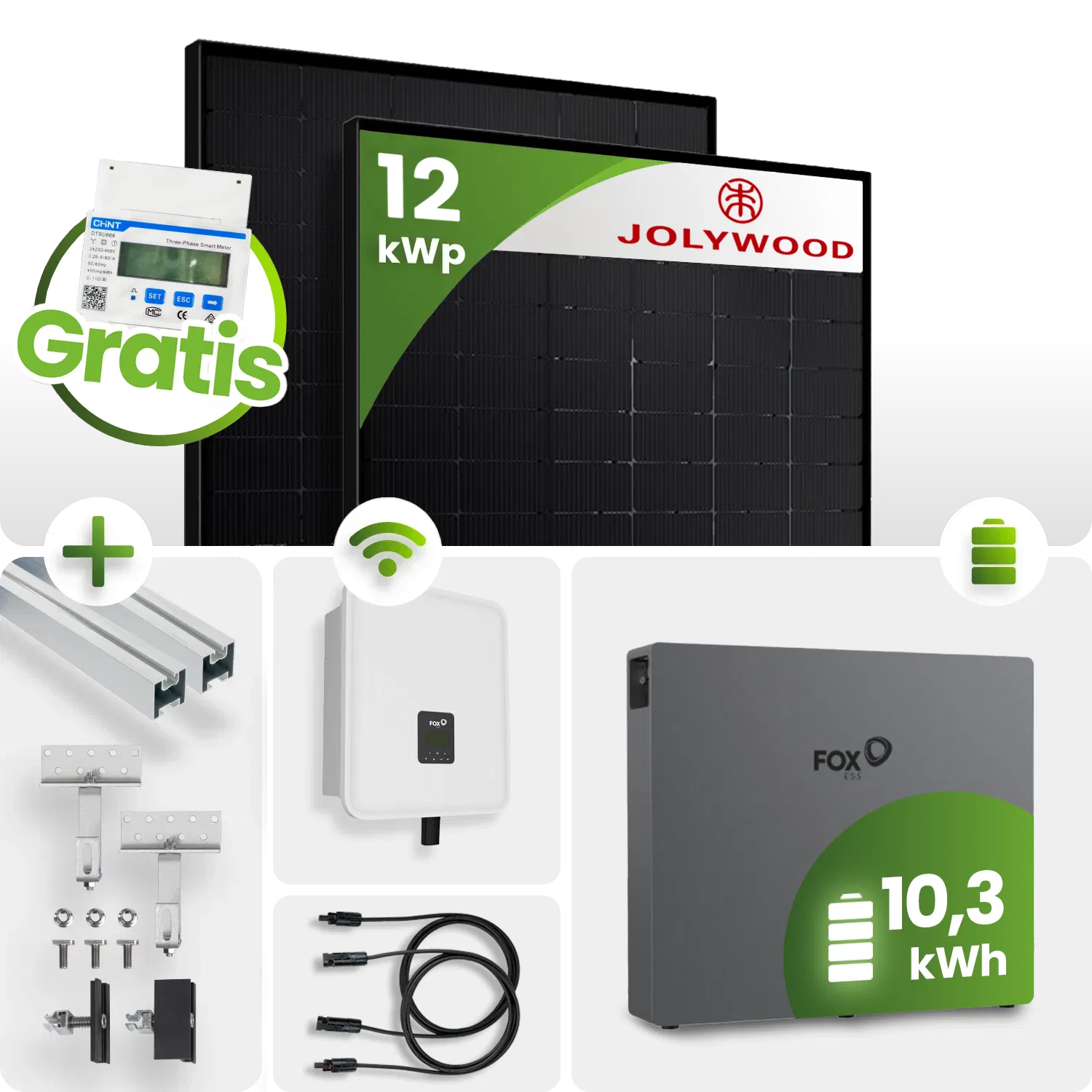12 kWp FoxEss PV-Anlage 27x Jolywood 445Wp TOPcon Bifazial Fullblack 10kWh Speicher inkl. Smart Meter 12 kWp FoxEss PV-Anlage 27x Jolywood 445Wp TOPcon Bifazial Fullblack 10kWh Speicher inkl. Smart Meter