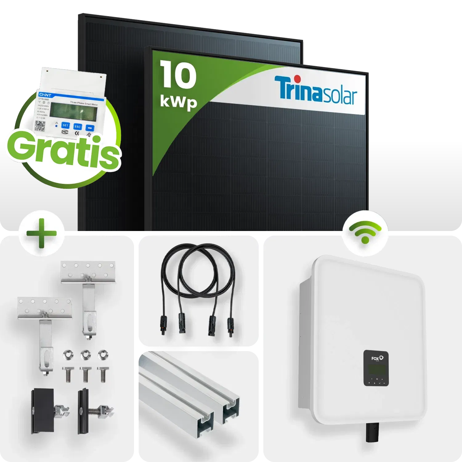 10 kWp FoxEss PV-Anlage 22x Trina 445Wp Bifazial Fullblack inkl. Smart Meter Schrägdachmontage 10 kWp FoxEss PV-Anlage 22x Trina 445Wp Bifazial Fullblack inkl. Smart Meter Schrägdachmontage