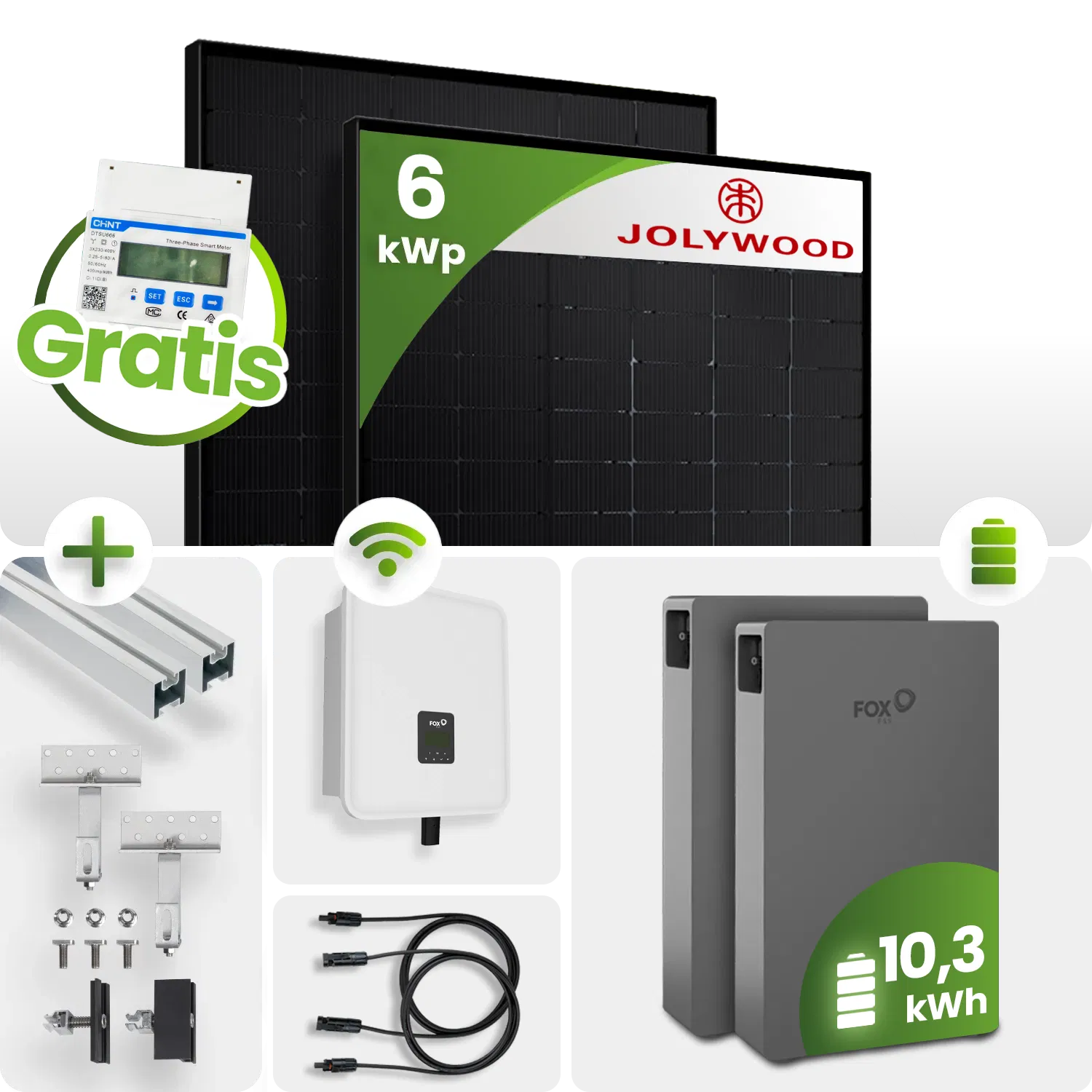 6kWh FoxEss PV-Anlage 13x Jolywood 445Wp TOPCon Bifazial Fullblack Schrägdachmontage inkl. Smart Meter 6kWh FoxEss PV-Anlage 13x Jolywood 445Wp TOPCon Bifazial Fullblack Schrägdachmontage inkl. Smart Meter