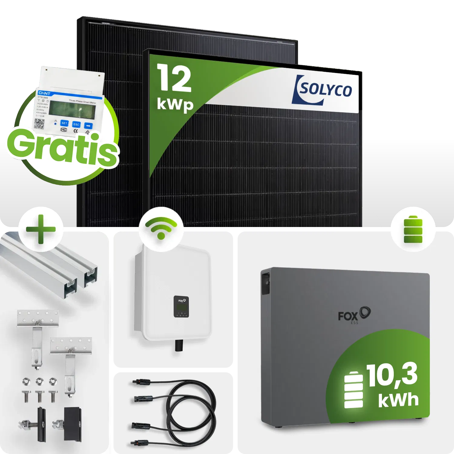 12 kWp FoxEss PV-Anlage 27x Solyco 445Wp HJT Bifazial Fullblack 10kWh Speicher inkl. Smart Meter 12 kWp FoxEss PV-Anlage 27x Solyco 445Wp HJT Bifazial Fullblack 10kWh Speicher inkl. Smart Meter