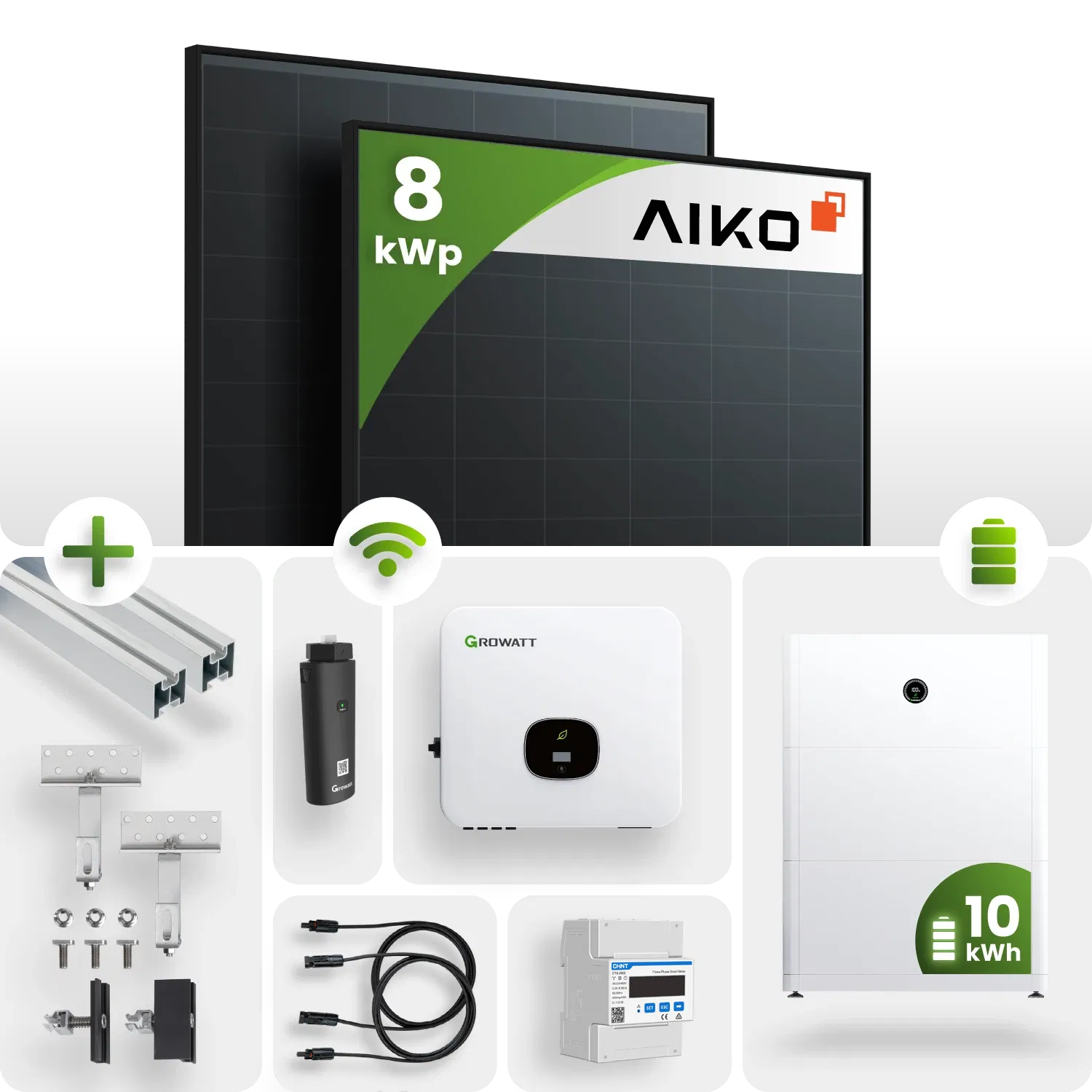 PV Komplettpaket Growatt 8KW Schrägdachmontage Aiko 445 Fullblack Module 10kW Speicher