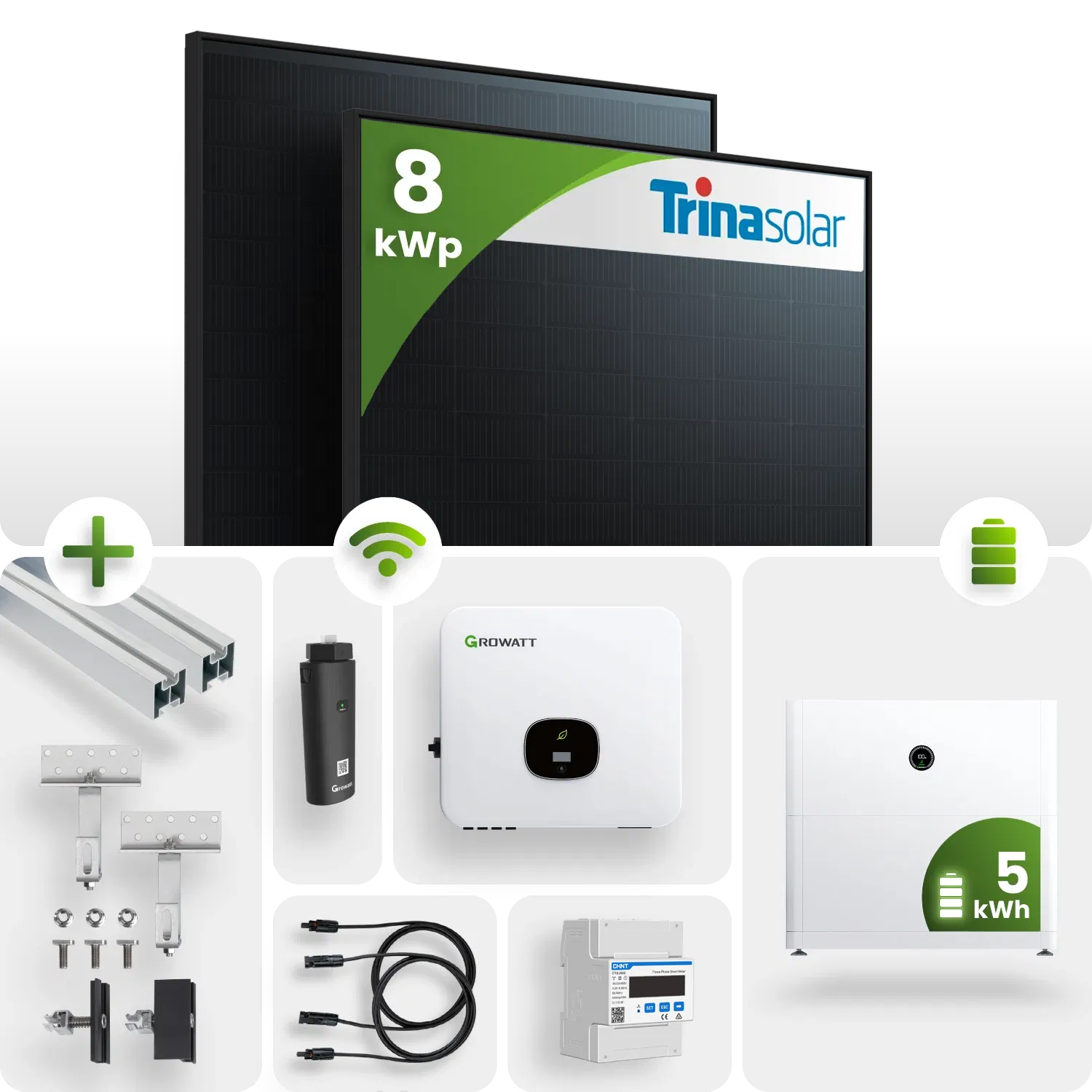 PV Komplettpaket Growatt 8KW Schrägdachmontage Trina 445 Fullblack Module 5kW Speicher PV Komplettpaket Growatt 8KW Schrägdachmontage Trina 445 Fullblack Module 5kW Speicher