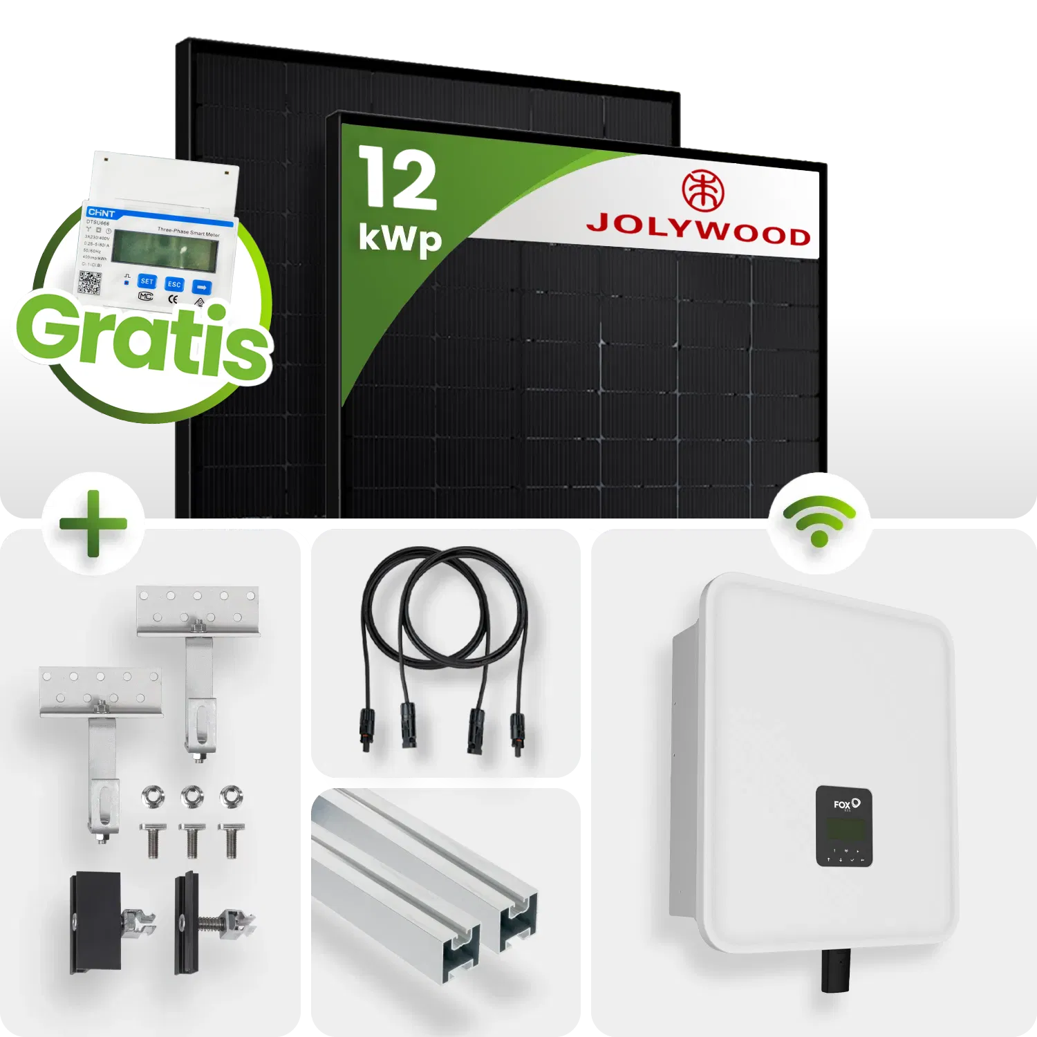 12 kWp FoxEss PV-Anlage 27x Jolywood 445Wp TOPcon Bifazial Fullblack inkl. Smart Meter