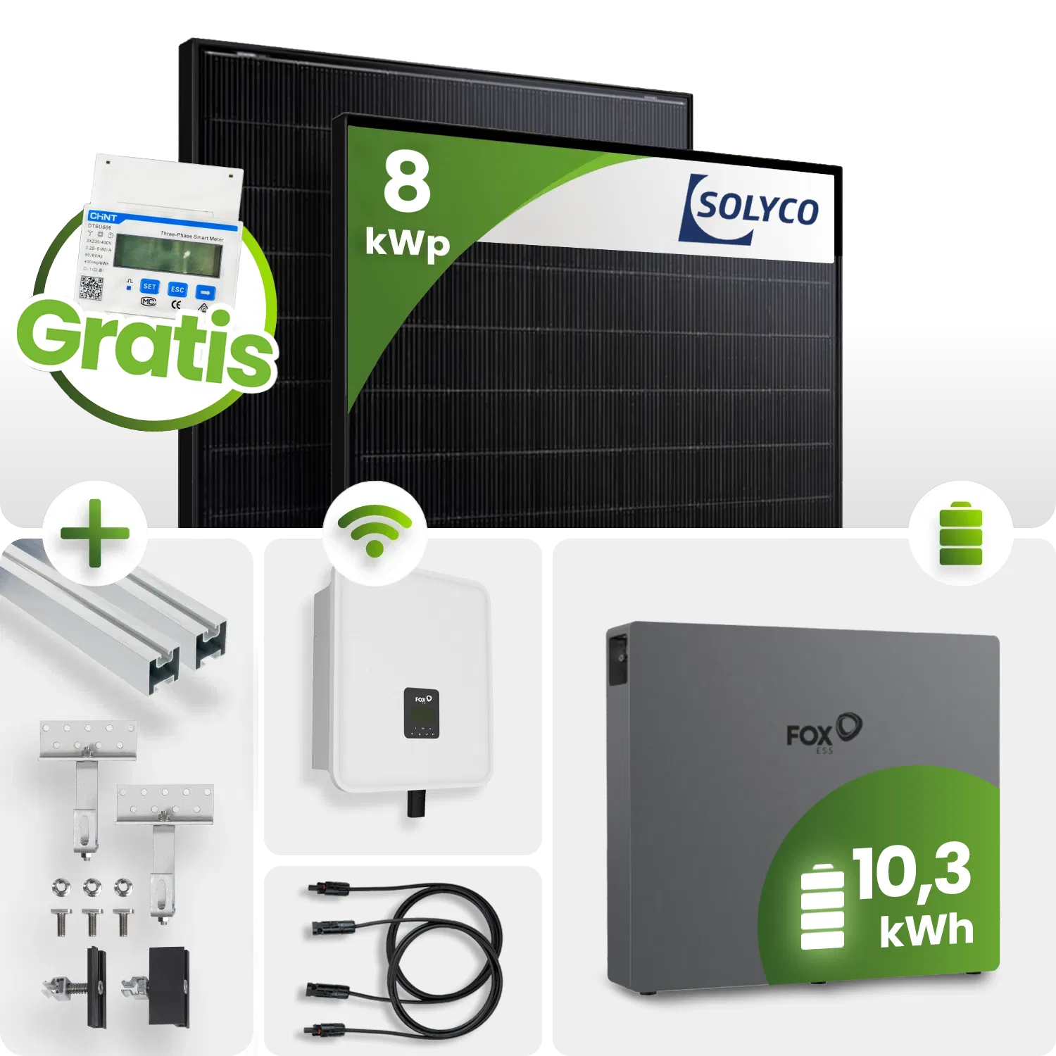 8 kWp FoxEss PV-Anlage 18x Solyco 445Wp HJT Bifazial Fullblack Schrägdach inkl. DTSU &  Dongle 10kWh Speicher