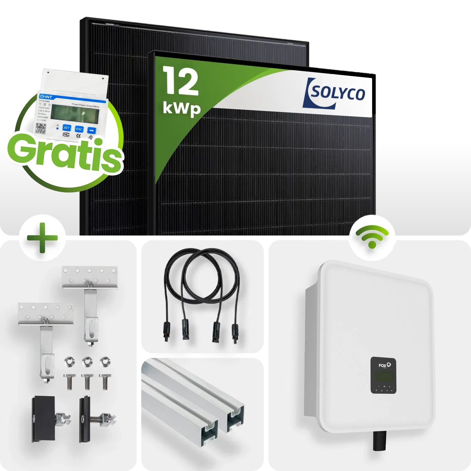 12 kWp FoxEss PV-Anlage 27x Solyco 445Wp HJT Bifazial Fullblack inkl. Smart Meter