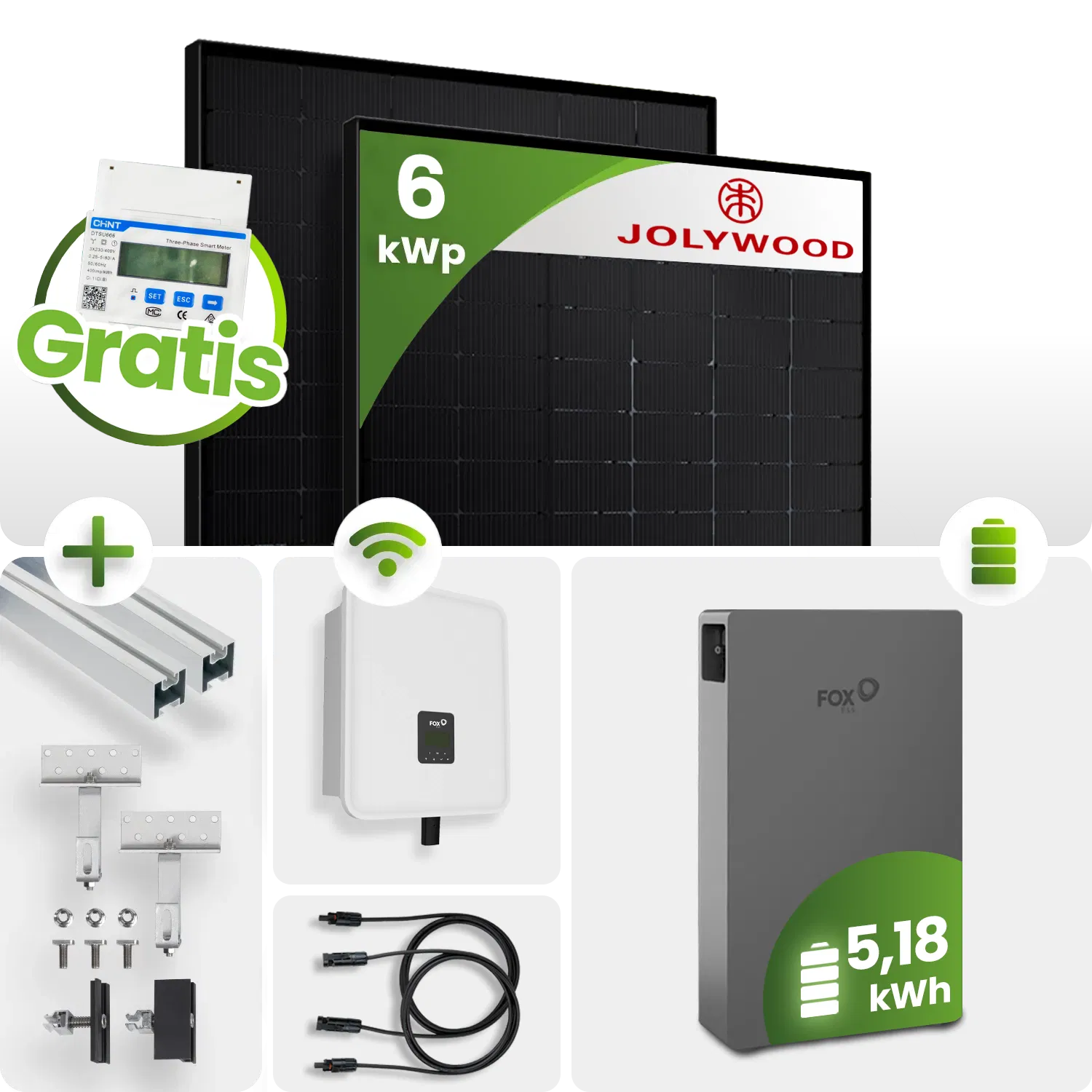 6kWh FoxEss PV-Anlage 13x Jolywood 445Wp TOPCon Bifazial Fullblack Schrägdachmontage inkl. Smart Meter 6kWh FoxEss PV-Anlage 13x Jolywood 445Wp TOPCon Bifazial Fullblack Schrägdachmontage inkl. Smart Meter