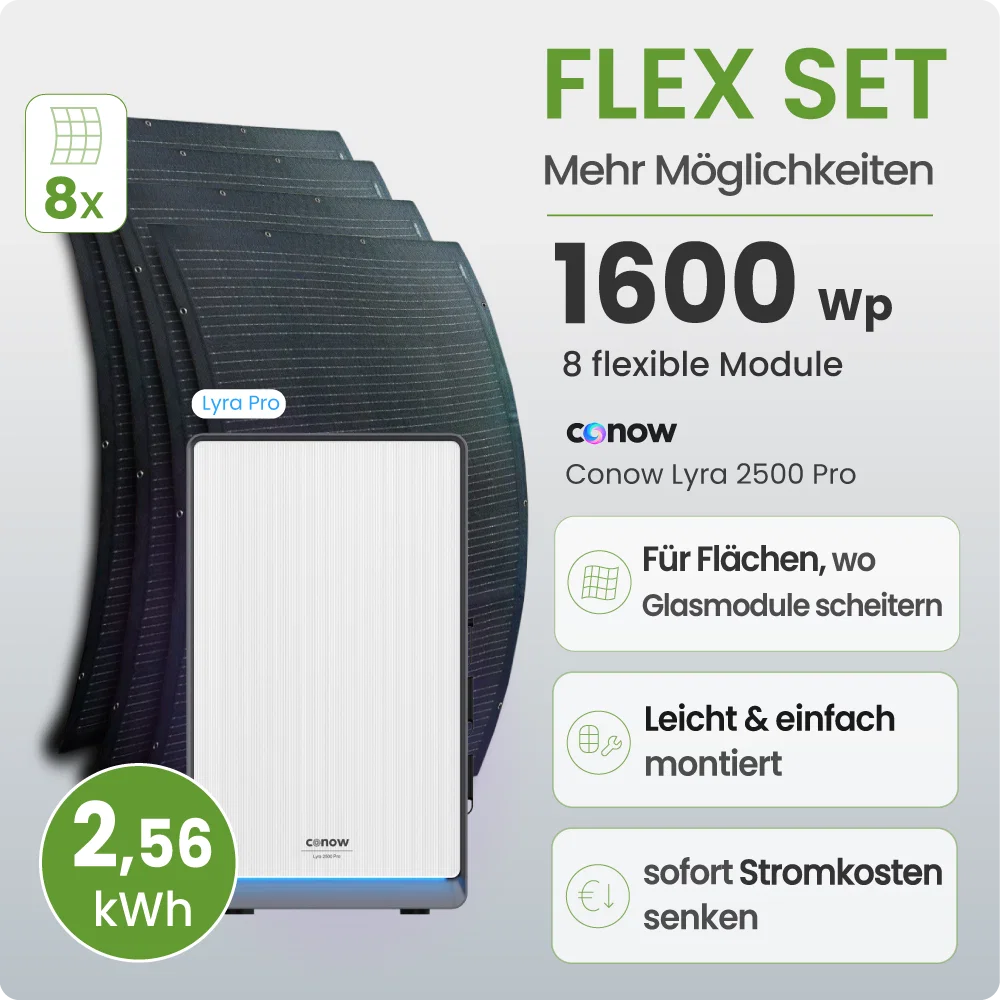 Tepto Balkonkraftwerk Flex 1600Wp mit Conow Lyra 2,5kWh Speicher