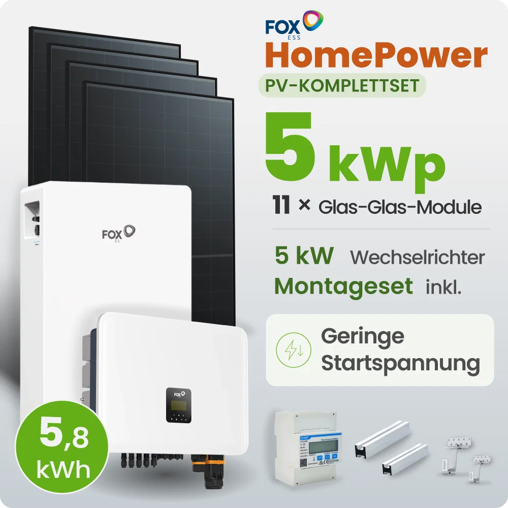 5 kWp FoxEss PV-Anlage 11x 460Wp Fullblack 5kWh Speicher Notstromfähig Speicher erweiterbar