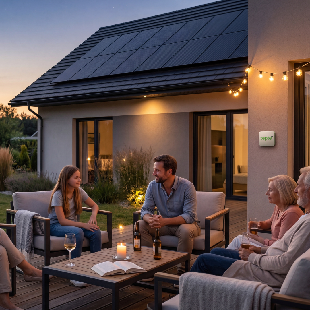 gartenmöbel, terrasse, sonnenschirm, holzdeck, glühkerzen