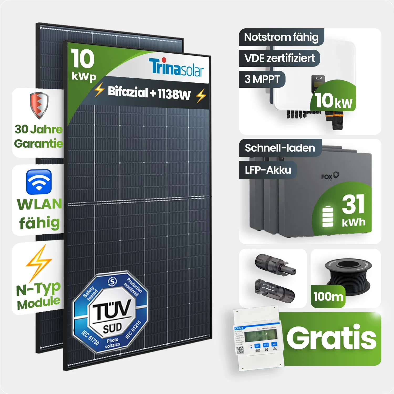 10 kWp FoxEss PV-Anlage 23x Trina 435Wp Bifazial Black Frame 30kWh Speicher Notstromfähig Speicher erweiterbar 10 kWp FoxEss PV-Anlage 23x Trina 435Wp Bifazial Black Frame 30kWh Speicher Notstromfähig Speicher erweiterbar