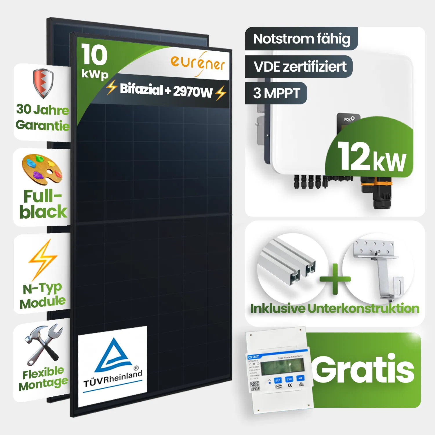 10kWp FoxEss PV-Anlage 22x Eurener 450Wp ULTRA Bifazial Schrägdachmontage inkl. Smart Meter 10kWp FoxEss PV-Anlage 22x Eurener 450Wp ULTRA Bifazial Schrägdachmontage inkl. Smart Meter
