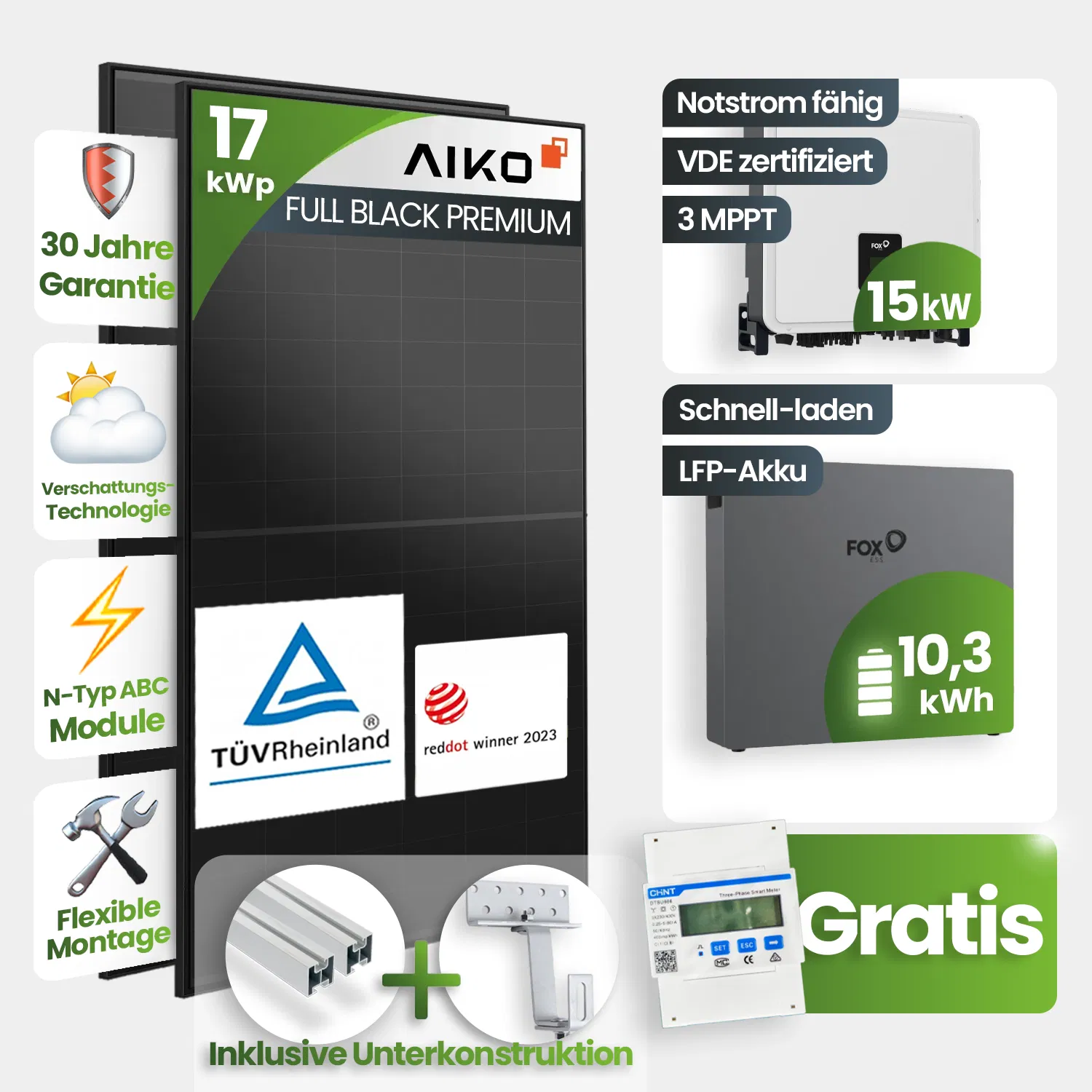 17 kWp PV-Anlage 37x Aiko 460Wp Fullblack Glas-Glas 10kWh Speicher Schrägdachmontage - Notstromfähig