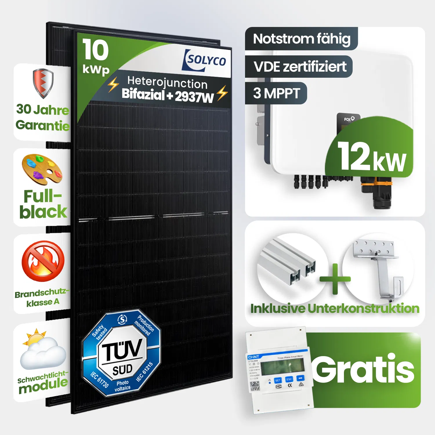10 kWp FoxEss PV-Anlage 22x Solyco 445Wp HJT Bifazial Fullblack inkl. Smart Meter 10 kWp FoxEss PV-Anlage 22x Solyco 445Wp HJT Bifazial Fullblack inkl. Smart Meter