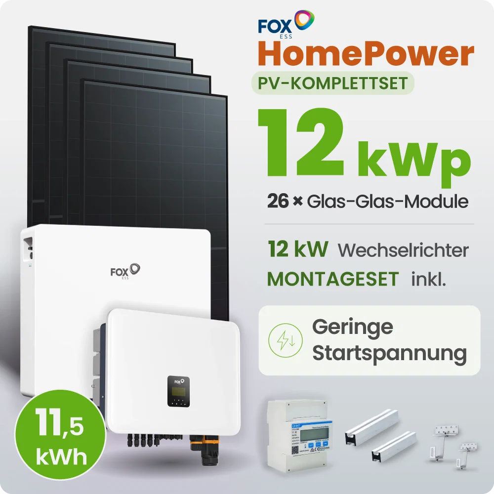 12 kWp FoxEss PV-Anlage 26x 460Wp Glas-Glas Fullblack 11,52kWh Speicher inkl. Smart Meter