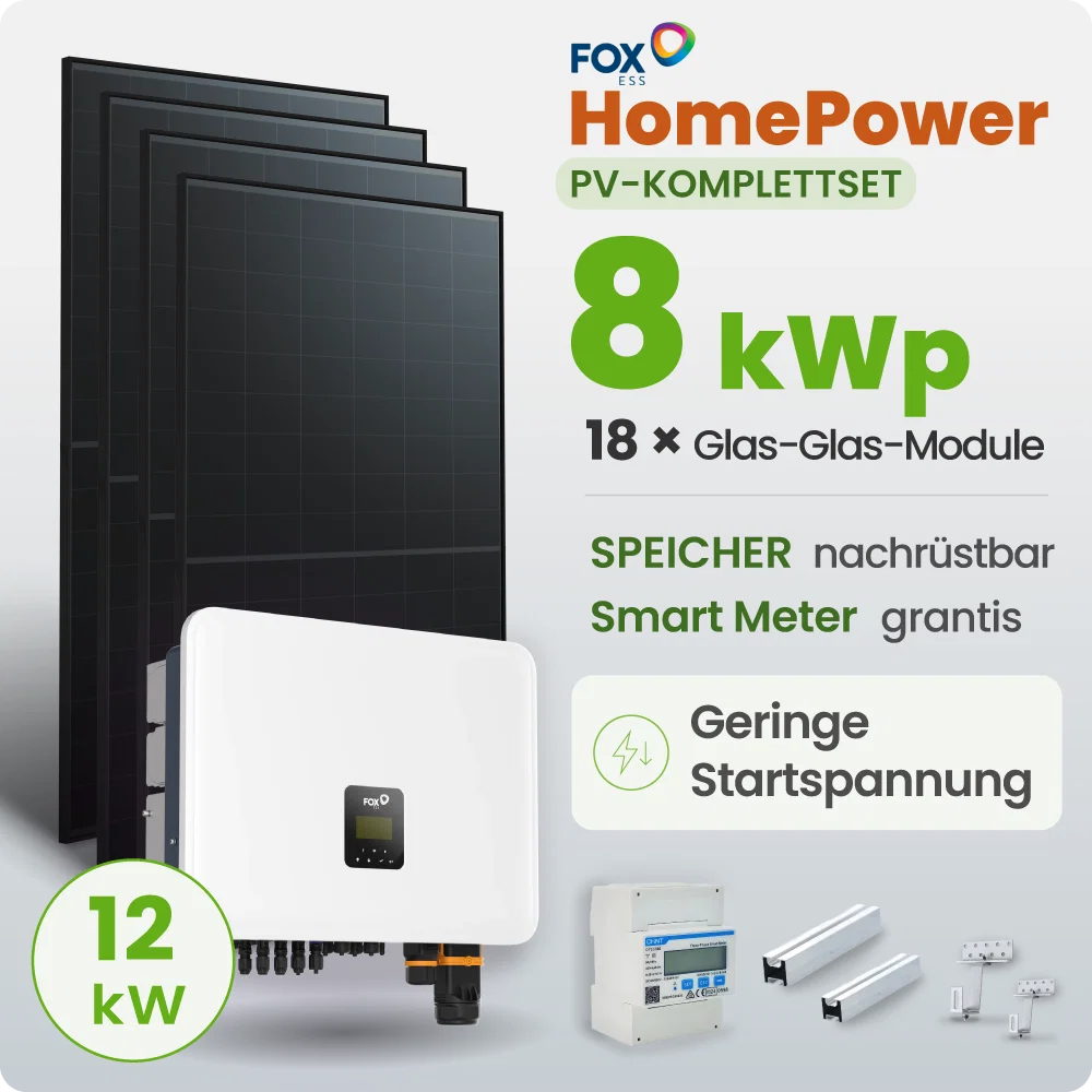 8 kWp FoxEss PV-Anlage 18x 460Wp Glas-Glas Fullblack Schrägdach inkl. Smart Meter