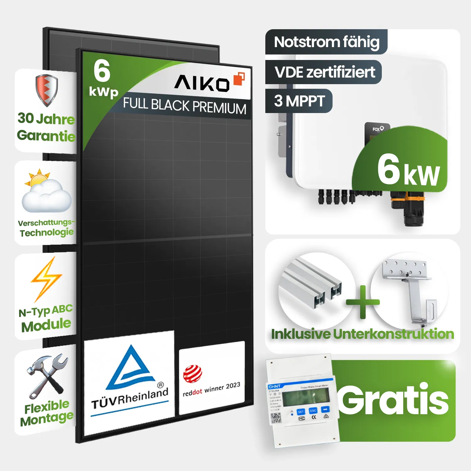 6kWp FoxEss PV-Anlage 13x Aiko 460Wp Glas-Glas Fullblack Schrägdachmontage inkl. Smart Meter 6kWp FoxEss PV-Anlage 13x Aiko 460Wp Glas-Glas Fullblack Schrägdachmontage inkl. Smart Meter