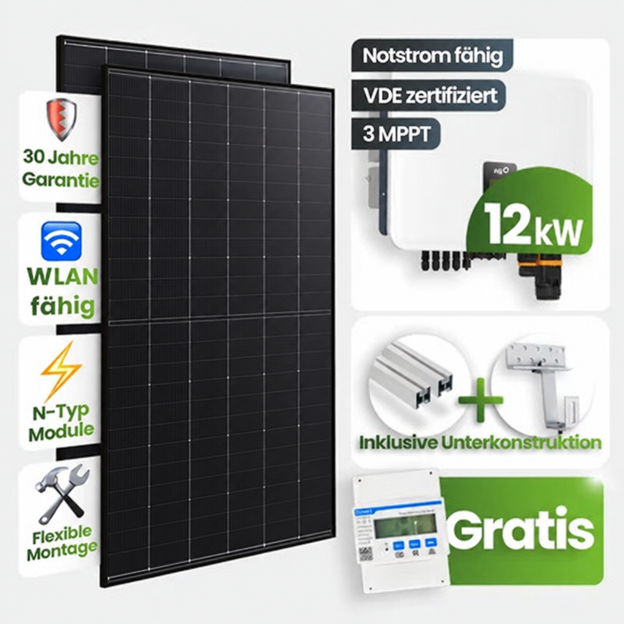 Solarmodul, PV-Modul, 12kW, MC4, WLAN-fähig