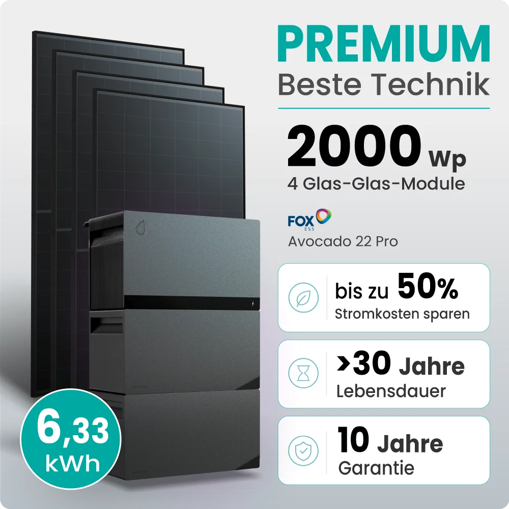 Tepto 2000W Balkonkraftwerk Premium mit FoxEss Avocado 22 Pro 6,33kWh Speicher