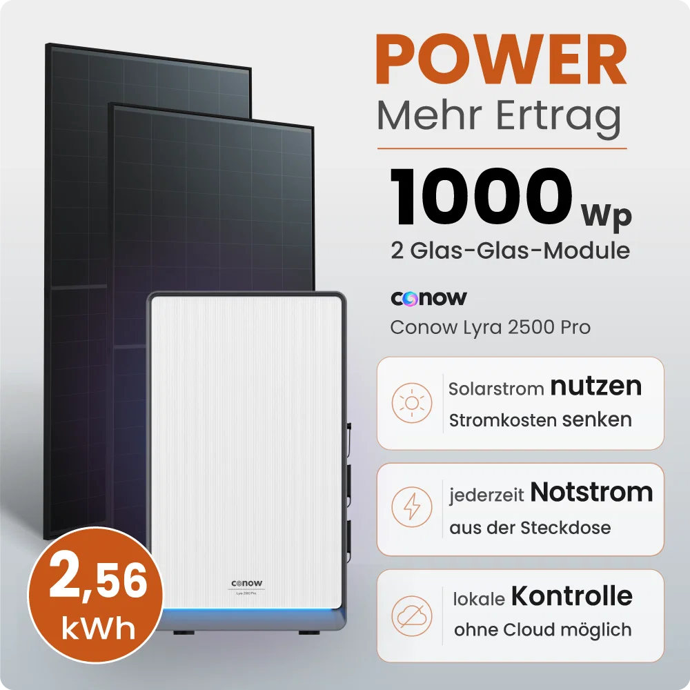Tepto 1000W Balkonkraftwerk MaxPower mit 2,56 kWh Speicher Conow Lyra