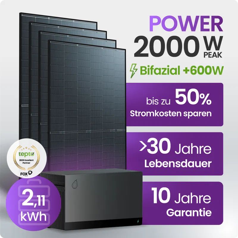 Tepto 2000W Balkonkraftwerk Power mit FoxEss Avocado 22 Pro 2,11kWh Speicher