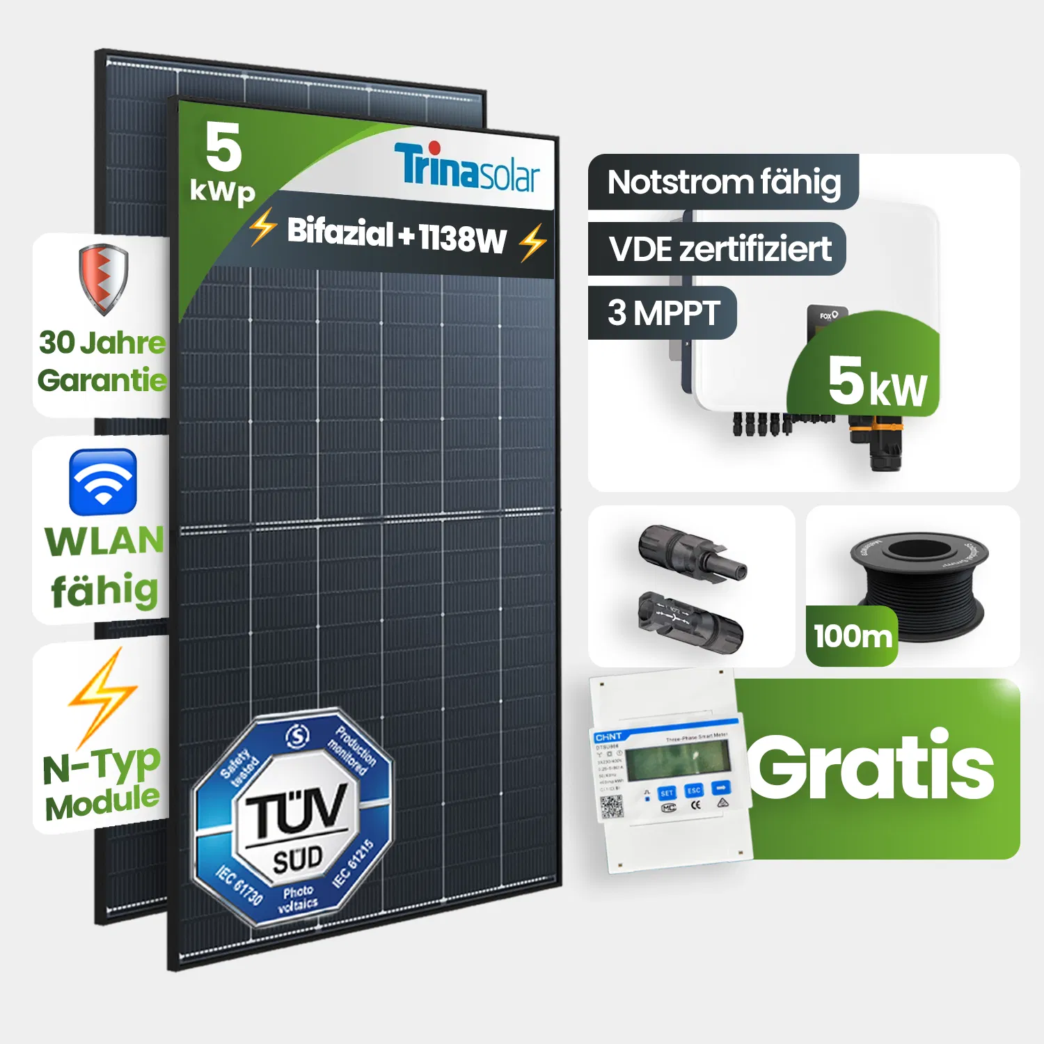 5 kWp FoxEss PV-Anlage 11x Trina 435Wp Bifazial Black Frame Notstromfähig Speicher erweiterbar 5 kWp FoxEss PV-Anlage 11x Trina 435Wp Bifazial Black Frame Notstromfähig Speicher erweiterbar