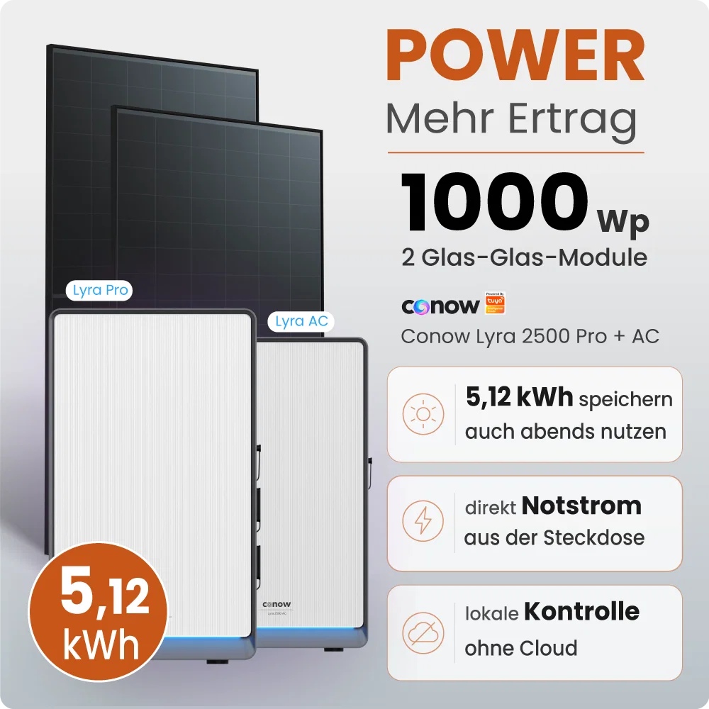 Tepto 1000W Balkonkraftwerk Power mit 5,12 kWh Speicher Conow Lyra Pro + AC