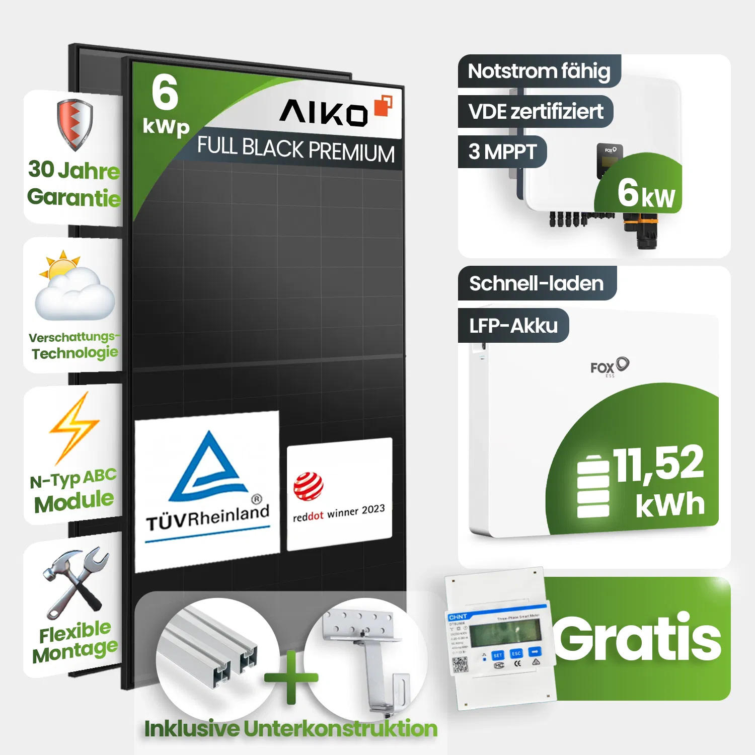 6kWp FoxEss PV-Anlage 13x Aiko 460Wp Glas-Glas Fullblack Schrägdachmontage 11,52kWh Speicher inkl. Smart Meter