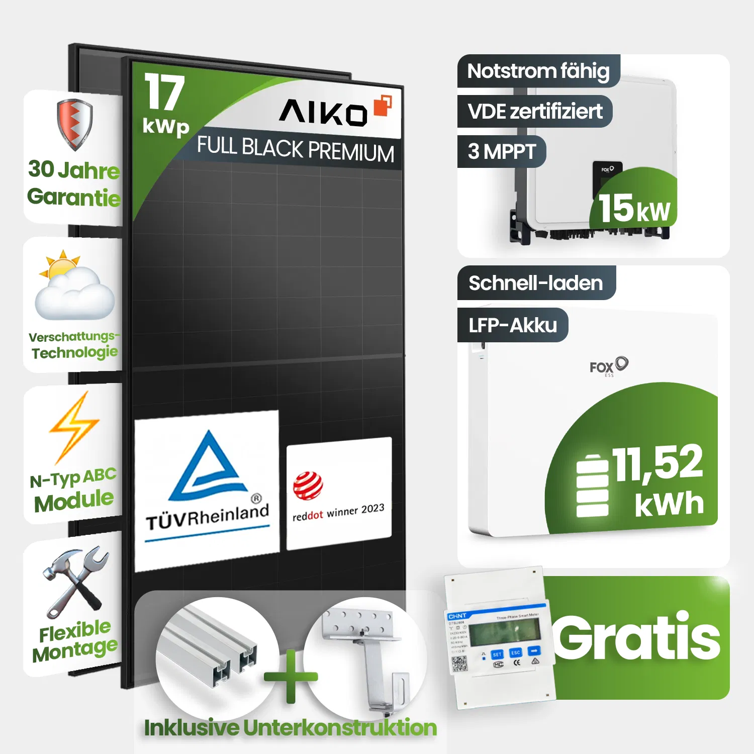 17 kWp PV-Anlage 37x Aiko 460Wp Fullblack Glas-Glas 11,52kWh Speicher Schrägdachmontage - Notstromfähig