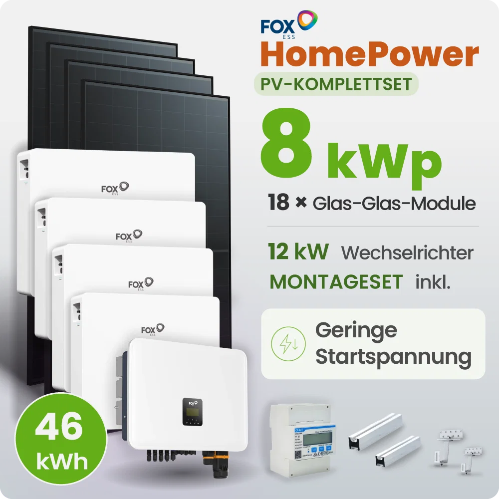 8 kWp FoxEss PV-Anlage 18x 460Wp Glas-Glas Fullblack Schrägdach 46,08kWh Speicher inkl. Smart Meter