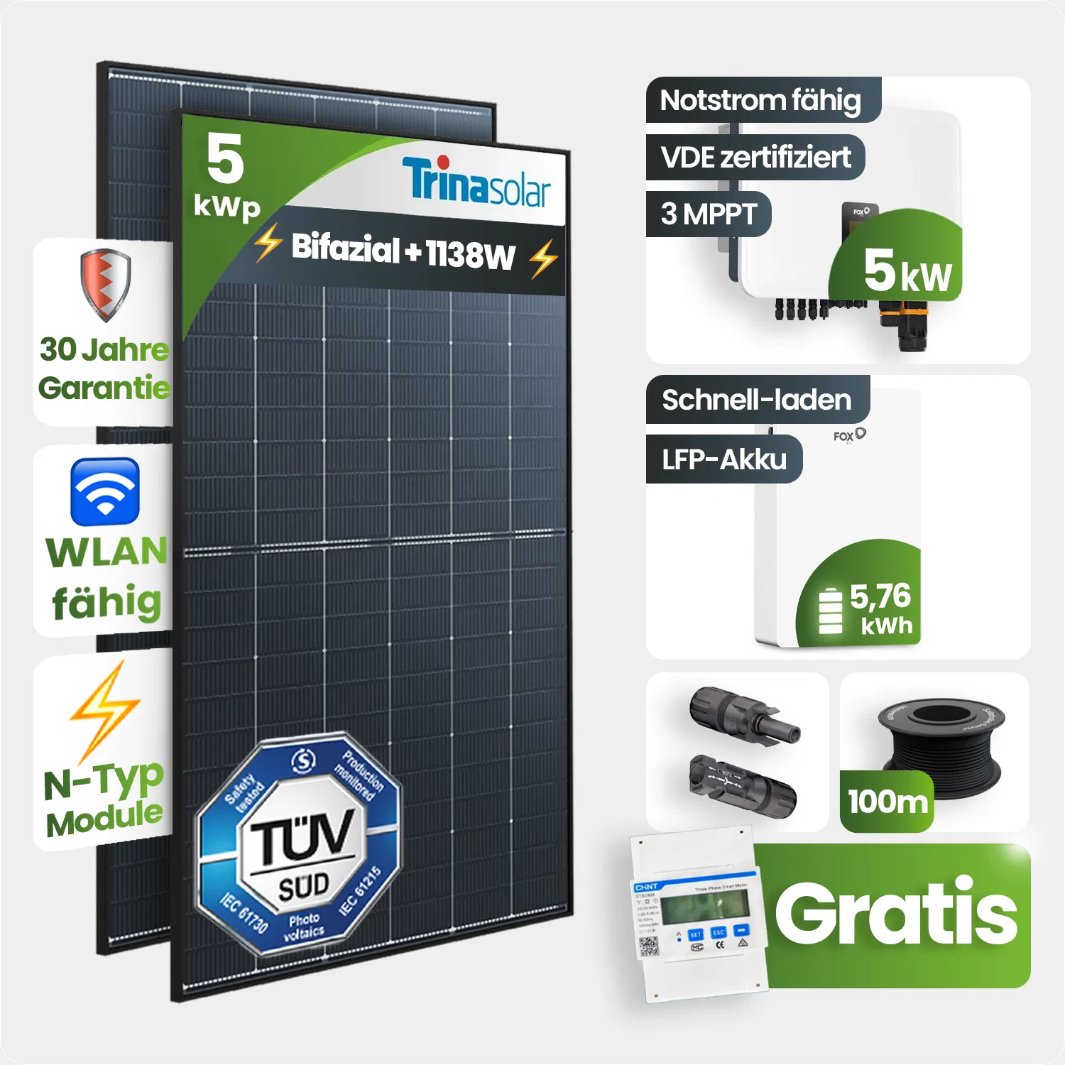5 kWp FoxEss PV-Anlage 11x Trina 440Wp Bifazial Black Frame 5kWh Speicher Notstromfähig Speicher erweiterbar 5 kWp FoxEss PV-Anlage 11x Trina 440Wp Bifazial Black Frame 5kWh Speicher Notstromfähig Speicher erweiterbar