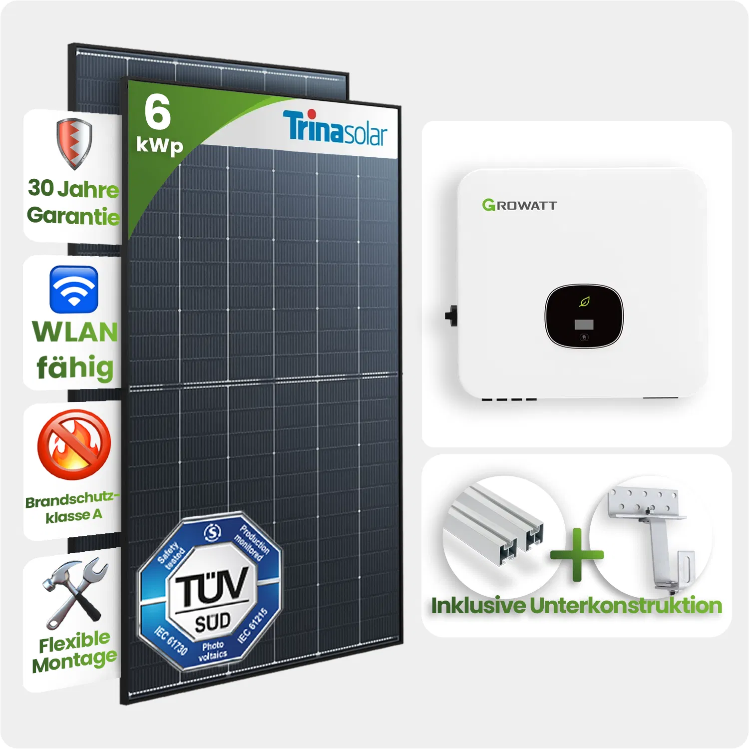 6kWp Growatt PV-Anlage 13x Trina 450Wp Glas-Glas Black Frame Schrägdachmontage 6kWp Growatt PV-Anlage 13x Trina 450Wp Glas-Glas Black Frame Schrägdachmontage