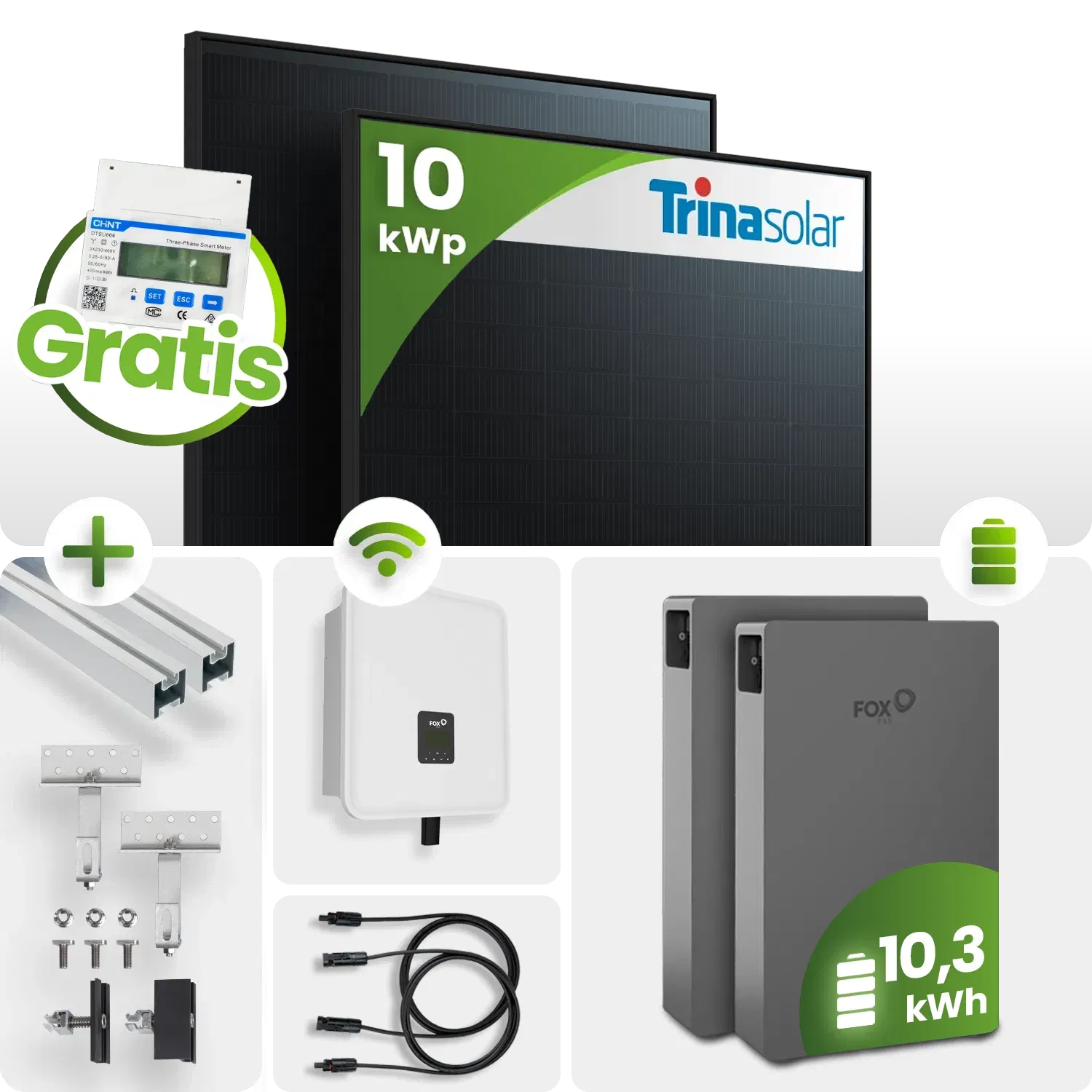 10 kWp FoxEss PV-Anlage 22x Trina 450Wp Glas-Glas Fullblack 10kWh Speicher inkl. Smart Meter 10 kWp FoxEss PV-Anlage 22x Trina 450Wp Glas-Glas Fullblack 10kWh Speicher inkl. Smart Meter