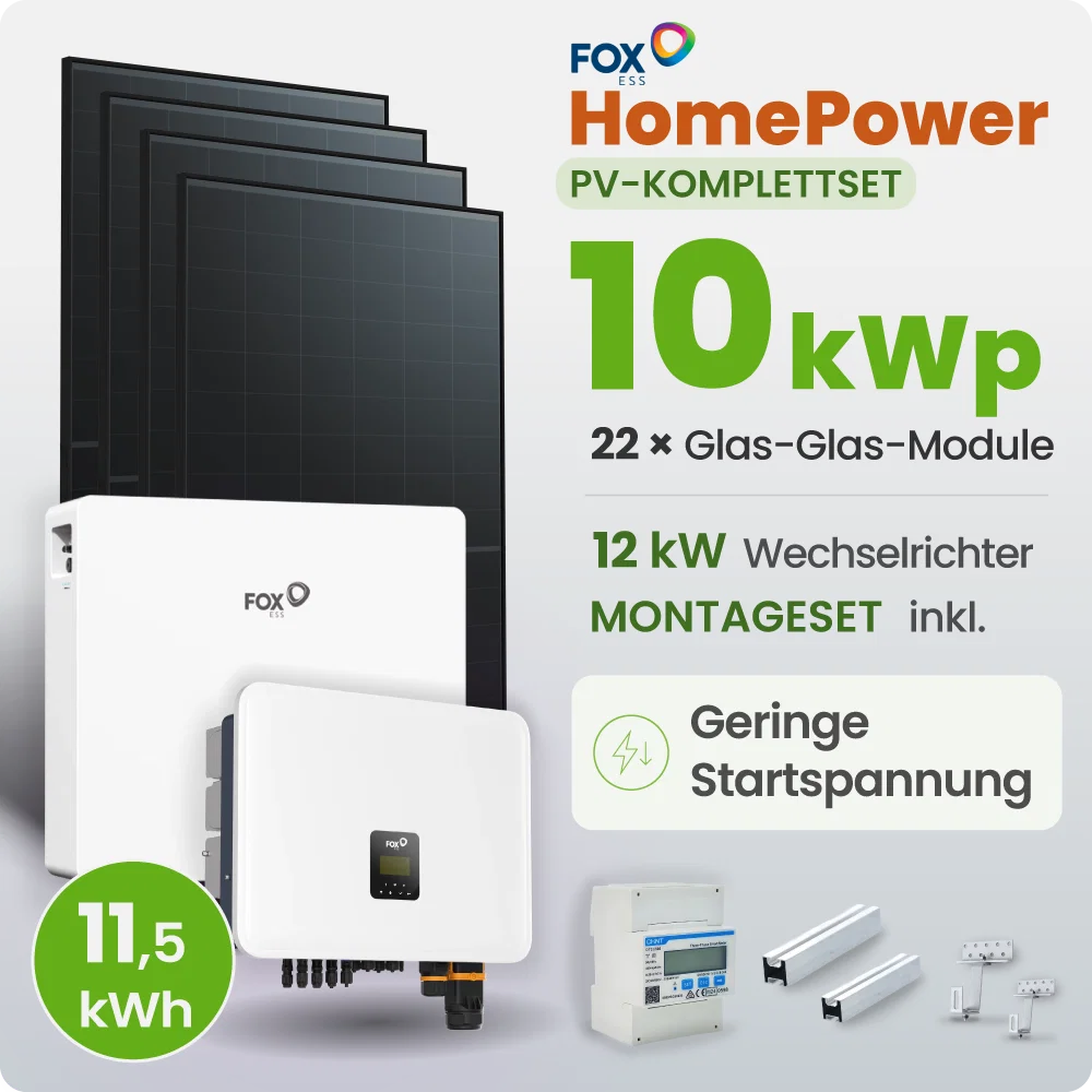 10 kWp FoxEss PV-Anlage 22x 460Wp Glas-Glas Fullblack 11,52kWh Speicher inkl. Smart Meter - Notstromfähig
