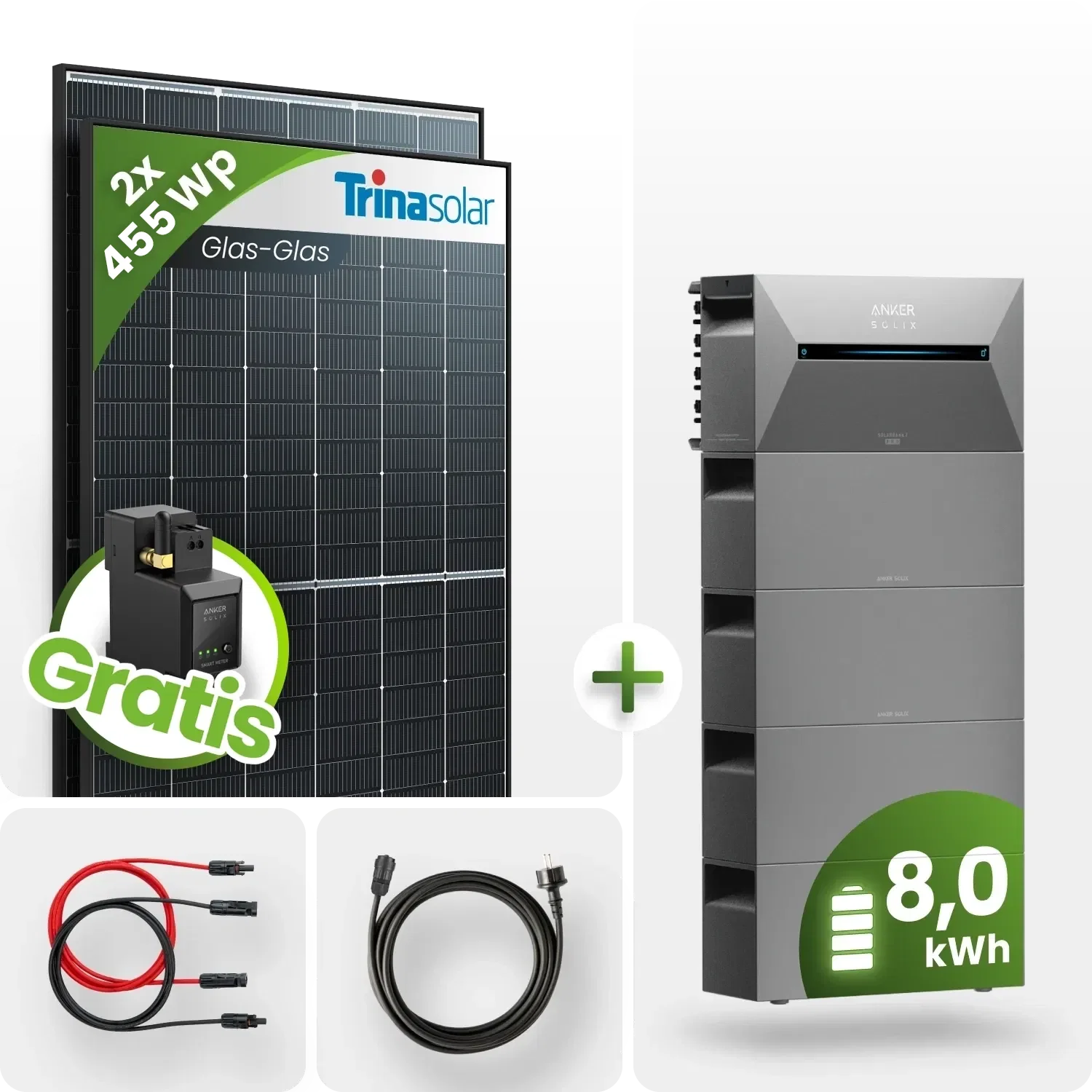 910Wp Balkonkraftwerk 8kWh Speicher Anker Solarbank 2 – 2x455Wp Trina Black Frame