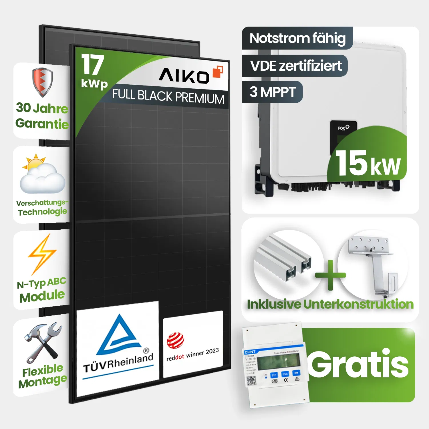 17 kWp PV-Anlage 37x Aiko 460Wp Fullblack Glas-Glas Schrägdachmontage - Notstromfähig Speicher erweiterbar 17 kWp PV-Anlage 37x Aiko 460Wp Fullblack Glas-Glas Schrägdachmontage - Notstromfähig Speicher erweiterbar