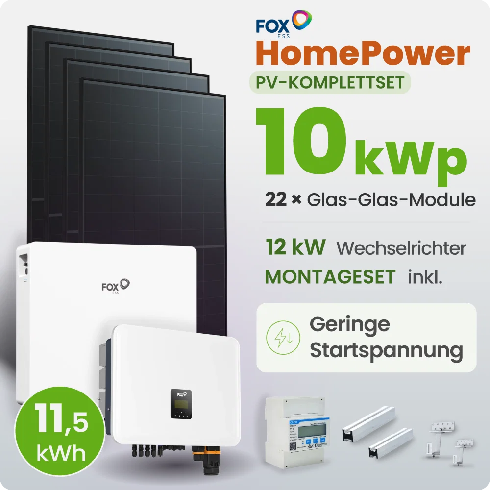 10 kWp FoxEss PV-Anlage 22x 460Wp Glas-Glas Fullblack 11,52kWh Speicher inkl. Smart Meter - Notstromfähig
