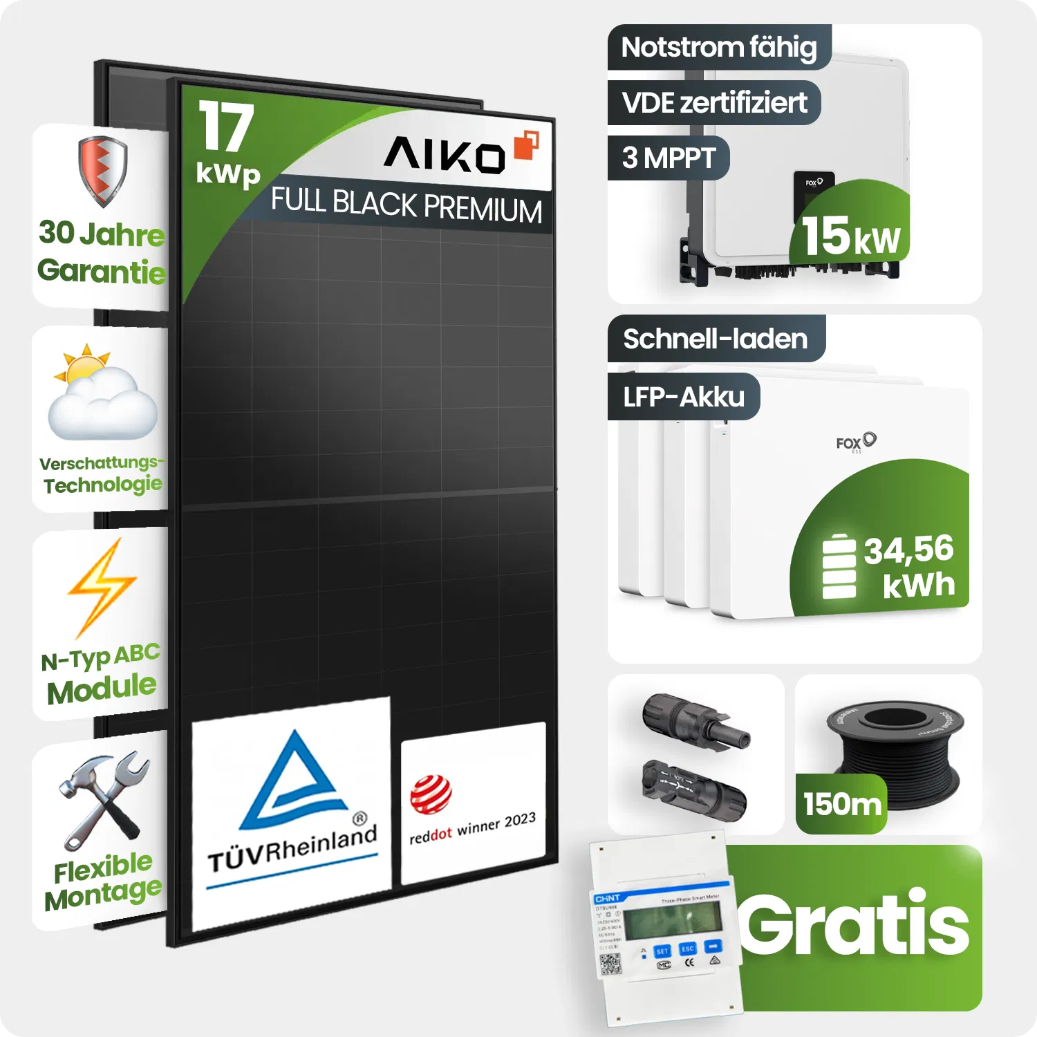 17 kWp PV-Anlage 37x Aiko 460Wp Fullblack Glas-Glas 34,56kWh Speicher - Notstromfähig