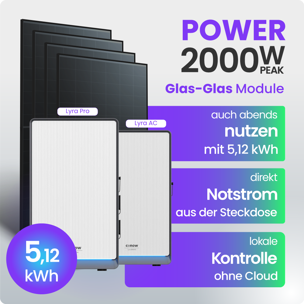 Solarmodul, Glas-Glas Modul, Lithium Akku, Notstrom, 5,12 kWh