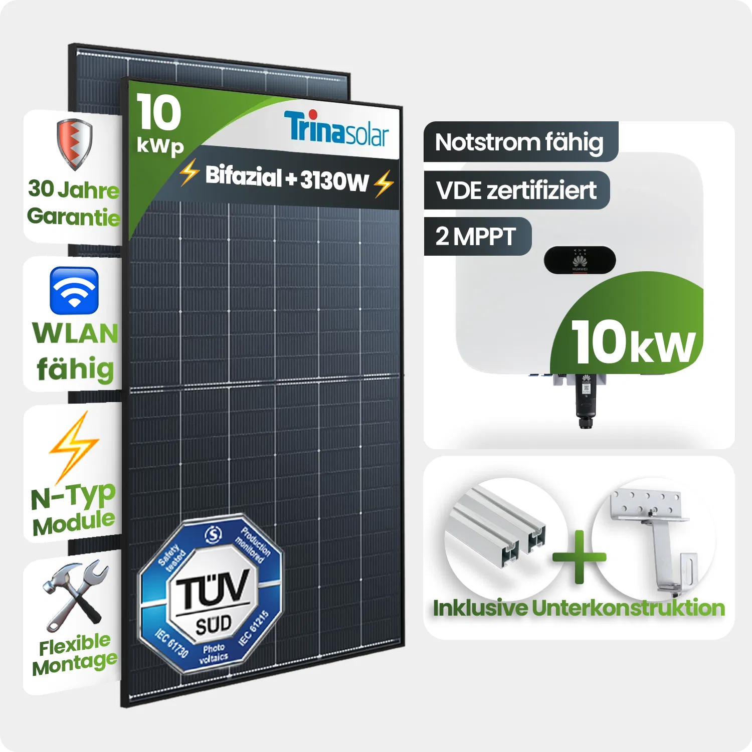 10kWp Huawei PV-Anlage 24x Trina 440Wp Bifazial Black Frame Schrägdachmontage 10kWp Huawei PV-Anlage 24x Trina 440Wp Bifazial Black Frame Schrägdachmontage