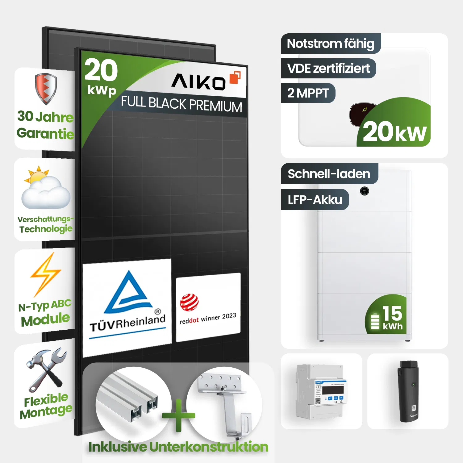 20 kWp Growatt PV-Anlage 40x Aiko 500Wp Bifazial Fullblack mit 15 kWh Speicher